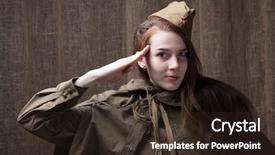  Presentation with second world war - Beautiful PPT layouts featuring ww2 women - woman in russian military uniform backdrop and a wine colored foreground