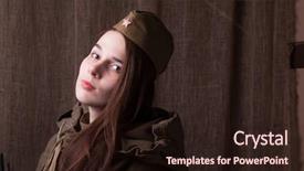  Presentation with second world war - Presentation theme having ww2 women - woman in russian military uniform background and a wine colored foreground