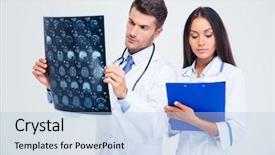  Presentation with doctor and brain - PPT theme having x-ray picture of brain background and a light blue colored foreground