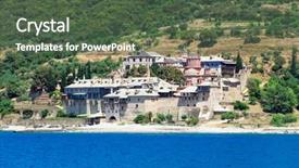  Presentation with monastery - Presentation design featuring xenofontos monastery athos peninsula mount background and a tawny brown colored foreground