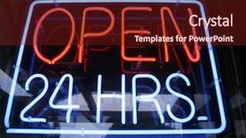  Presentation with 80s era neon lights sign - PPT theme having phosphor - open 24 hrs neon sign background and a tawny brown colored foreground