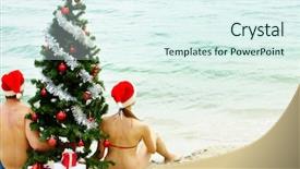  Presentation with santa - Theme featuring xmas firtree on the beach background and a sky blue colored foreground