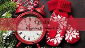  Presentation with snow tree - Theme having xmas greeting card christmas background with snow fir tree mittens and alarm clock view from above background and a red colored foreground
