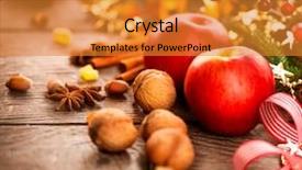  Presentation with vintage food - Audience pleasing PPT theme consisting of xmas holiday table setting decorated with garlands baubles wallnuts hazelnuts cinnamon sticks warm colors toned traditional christmas sweets food vintage style toned image backdrop and a gold colored foreground
