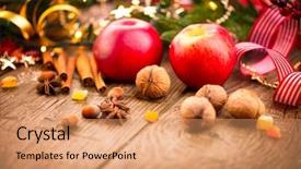  Presentation with vintage food - Beautiful slide deck featuring xmas holiday table setting decorated with garlands baubles wallnuts hazelnuts cinnamon sticks warm colors toned traditional christmas sweets food vintage style toned image backdrop and a coral colored foreground