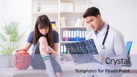  Presentation with basketball female - PPT layouts having xray knee - female basketball player visiting doctor background and a light blue colored foreground