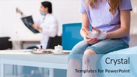  Presentation with young woman diagnosis of sti - Audience pleasing presentation theme consisting of xray knee - leg injured young woman visiting backdrop and a light blue colored foreground