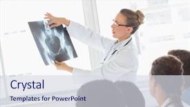  Presentation with human hip replacement xray anatomy - Amazing PPT theme having xray to colleagues in hospital backdrop and a sky blue colored foreground