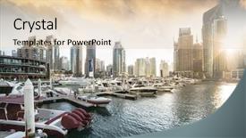  Presentation with emirates - Cool new slide deck with yacht business - panoramic view with modern skyscrapers backdrop and a lemonade colored foreground