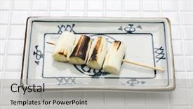  Presentation with japanese music - Slide deck featuring yakitori japanese leek japanese grilled background and a light gray colored foreground