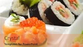  Presentation with sushi - Colorful slides enhanced with yakitori - skewered chicken served with salad leaf and maki sushi backdrop and a gold colored foreground