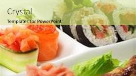  Presentation with sushi - PPT theme consisting of yakitori - skewered chicken served with salad leaf and maki sushi background and a yellow colored foreground