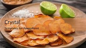  Presentation with sweet potato chips - PPT theme consisting of yam - plate with yummy sweet potato background and a gold colored foreground