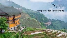  Presentation with rice terraces - Colorful presentation design enhanced with yaoshan mountain guilin china hillside rice terraces landscape backdrop and a light blue colored foreground
