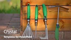 Presentation with garden tools - Audience pleasing PPT layouts consisting of yard and garden tools backdrop and a violet colored foreground