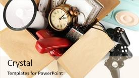  Presentation with box - Amazing PPT layouts having yard sale - box of unwanted stuff close backdrop and a lemonade colored foreground