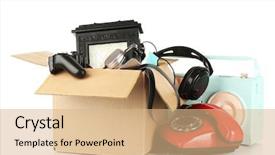  Presentation with yard sale - Cool new presentation with yard sale - box of unwanted stuff isolated backdrop and a coral colored foreground