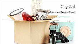  Presentation with yard sale - Presentation theme enhanced with yard sale - box of unwanted stuff isolated background and a white colored foreground