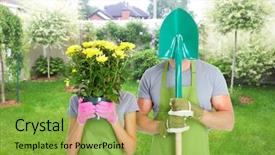 Presentation with people helping each teamwork couple - Beautiful slides featuring yard work - gardening people couple with flowers backdrop and a seafoam green colored foreground