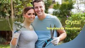  Presentation with home gardening - Amazing PPT layouts having yard work - lovely couple holding gardening tools backdrop and a tawny brown colored foreground
