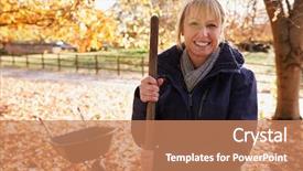  Presentation with autumn leaves - Amazing PPT theme having yard work - portrait of mature woman raking backdrop and a coral colored foreground