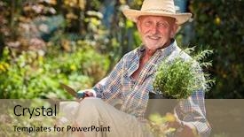  Presentation with garden - Cool new PPT theme with yard work - portrait of senior man backdrop and a coral colored foreground