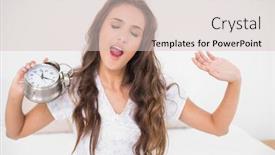  Presentation with alarm - Colorful PPT theme enhanced with yawning-brunette-holding-alarm-clock backdrop and a soft green colored foreground