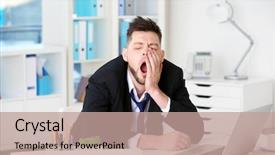  Presentation with tired - Presentation theme consisting of yawning tired business man sitting background and a  colored foreground