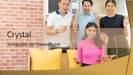  Presentation with team meeting - Colorful PPT theme enhanced with yay - freelance team celebrate thier success backdrop and a lemonade colored foreground