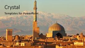  Presentation with ancient iran - Beautiful PPT theme featuring yazd in sunrise lights iran backdrop and a mint green colored foreground