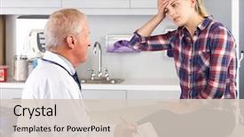  Presentation with headaches - Slide deck having record year - teenage girl visits doctor's office background and a soft green colored foreground