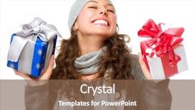  Presentation with gift - Presentation having year 2013 - happy young woman with christmas background and a tawny brown colored foreground