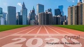  Presentation with 2020 - Slide set consisting of year 2020 concept with running track background and a coral colored foreground