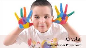  Presentation with colorful hand prints - Colorful PPT theme enhanced with year old boy with hands backdrop and a lemonade colored foreground