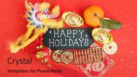  Presentation with gold red - PPT theme with year ornament--gold ingot dragon background and a red colored foreground
