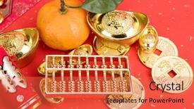  Presentation with chinese calligraphy - Amazing PPT theme having year ornament--gold ingot firecracker backdrop and a red colored foreground