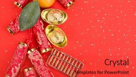  Presentation with translation - Colorful presentation enhanced with year ornament--gold ingot firecracker backdrop and a red colored foreground