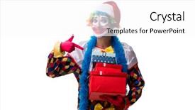  Presentation with comedian - Slides enhanced with year performance presentation - young funny clown comedian isolated background and a white colored foreground