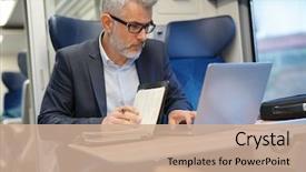  Presentation with traveling to paris - Beautiful presentation design featuring year planner - mature businessman working on laptop backdrop and a coral colored foreground