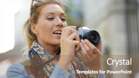  Presentation with vacation - Slide deck featuring year report - cheerful woman taking picture background and a  colored foreground