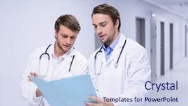  Presentation with healthcare workers - Amazing PPT theme having year report - doctors having discussion on file backdrop and a sky blue colored foreground