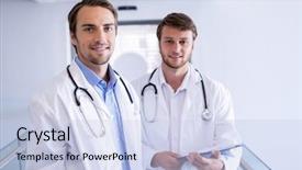  Presentation with healthcare workers - Colorful slide deck enhanced with year report - portrait of smiling doctors standing backdrop and a sky blue colored foreground