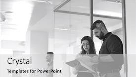  Presentation with renovation project - Slide set with year review - businessman and businesswoman reviewing project background and a light gray colored foreground