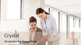  Presentation with computer - Cool new presentation theme with year review - businesswoman and businessman reviewing file backdrop and a soft green colored foreground