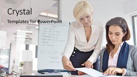  Presentation with project - Colorful PPT layouts enhanced with year review - mature businesswoman with female colleague backdrop and a light gray colored foreground