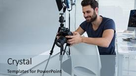  Presentation with qatar photos - Presentation featuring year review - photographer reviewing captured photos background and a light blue colored foreground