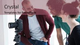  Presentation with digital - Presentation enhanced with year review - photographer reviewing captured photos background and a violet colored foreground