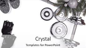  Presentation with fir tree - Theme having sports card - sport accessories dumbbells gloves sneakers background and a white colored foreground