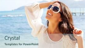  Presentation with summer - Slide deck enhanced with yearning - happy woman in summer white background and a  colored foreground