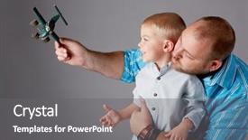  Presentation with play - Amazing slide deck having father in thirties and toddler boy of three years old play with airplane toy on studio background backdrop and a gray colored foreground